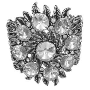 Large Silver Rhinestone Flower Statement Cuff Bracelet